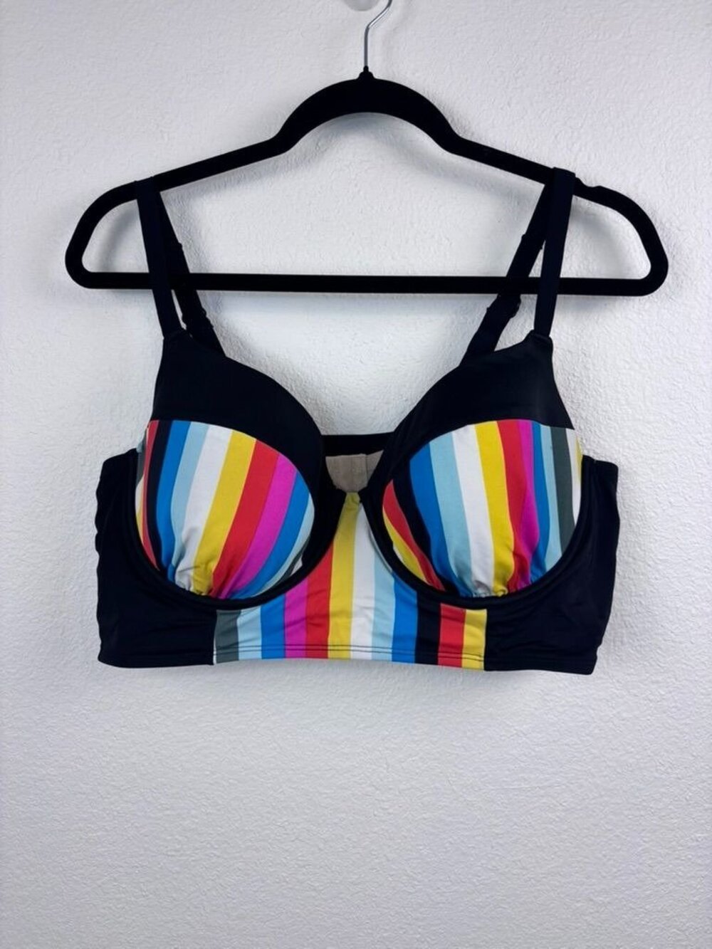 Cacique 40DD women's black rainbow balconette bikini swim top underwire bra